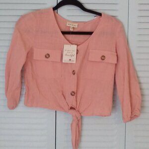 NWT BELLE DU JOUR TEA ROSE PINK CROP TOP BUTTON UP TIE WAIST LONG SLEEVES SZ XS